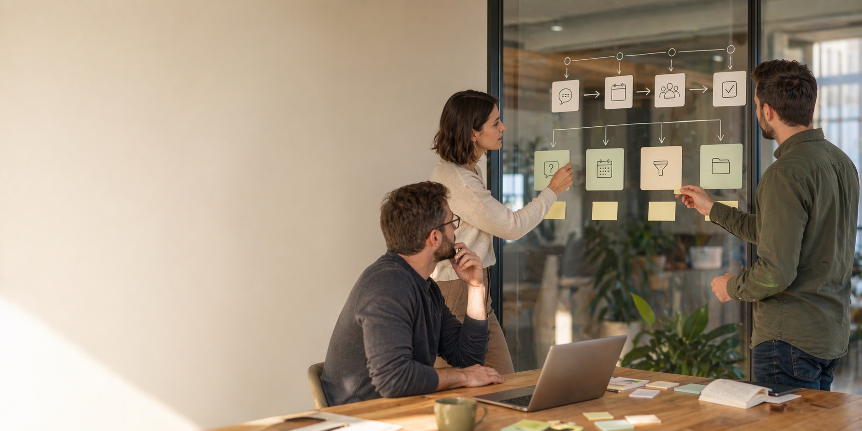 Tým mapuje jednoduché workflow kroky na skleněné tabuli v kanceláři.