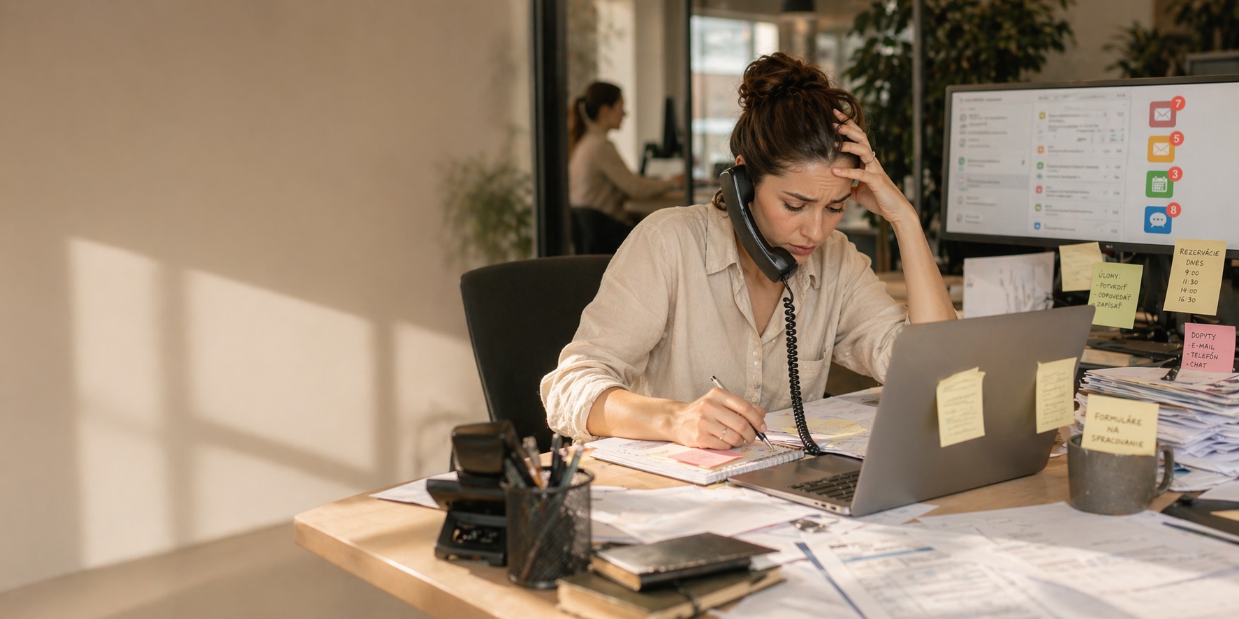 Pracovnice v kanceláři řeší telefonát, e-maily a papírovou agendu najednou.