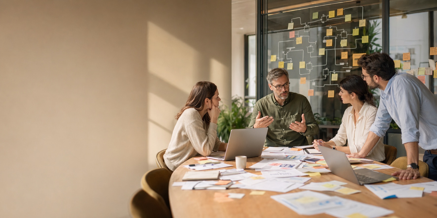 Tým ve firmě diskutuje nad nejasným procesem u stolu plného podkladů a poznámek.